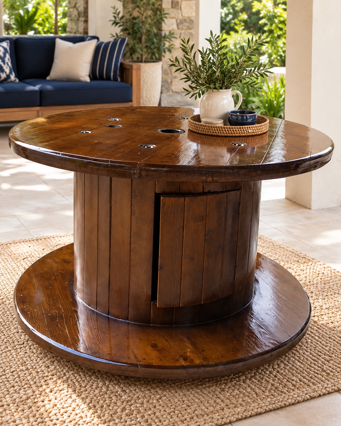 Mesa circular de madeira com base de bobina reaproveitada