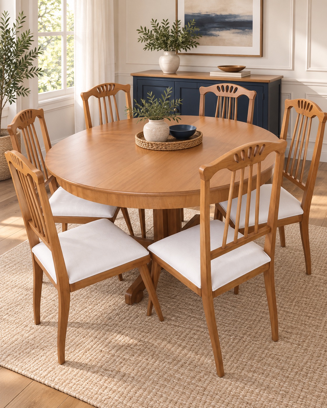 Mesa oval de madeira clara com cadeiras de assento branco